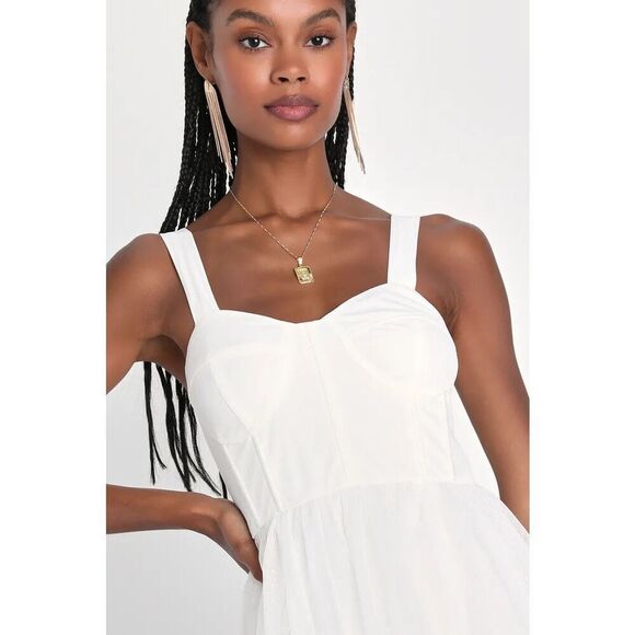 Lulus Feeling Gorgeous White Swiss Dot Tulle Bustier Midi Dress Size XS New - Picture 2 of 10